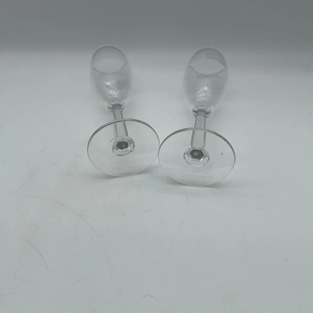 Pair of Etched Clear Glass Champagne Flutes w Faceted Hexagonal Stems Set of 2